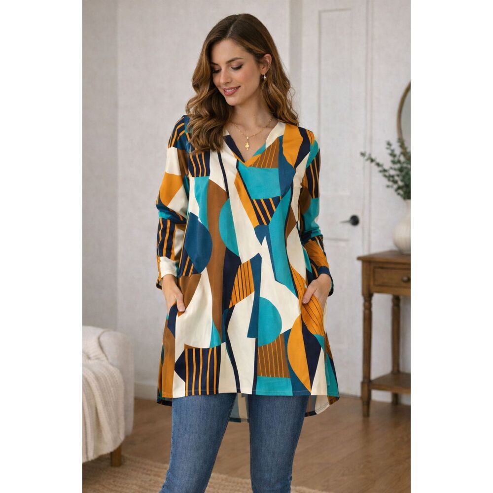 Geometric Print Tunic Dress Size Large Teal Orange Long Sleeve Shift Dress